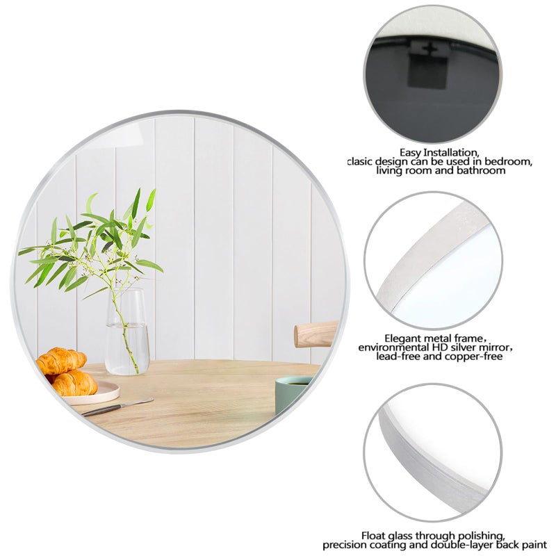 Muzilife 24" Round Mirror, Bathroom Circle Mirror, Silver Wall Mirrors with Modern Brushed Metal Frame, Suitable for Wall Hanging Decoration, Living Room, Bedroom - Image 4